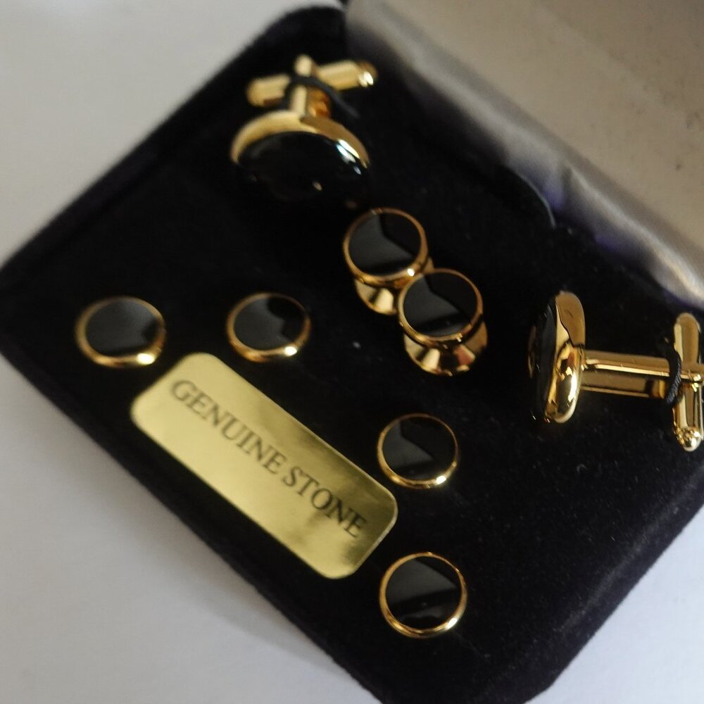 MEN'S Tuxedo Jewelry Black Onyx Cufflinks Shirt Studs Set